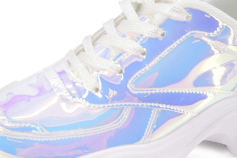 LUCKY STEP Women 90S Chunky Platform Reflective Sneakers - White Hologram Casual Lace-Up Walking Dad Sneakers(White Hologram,6 B(M) US) - Image 3